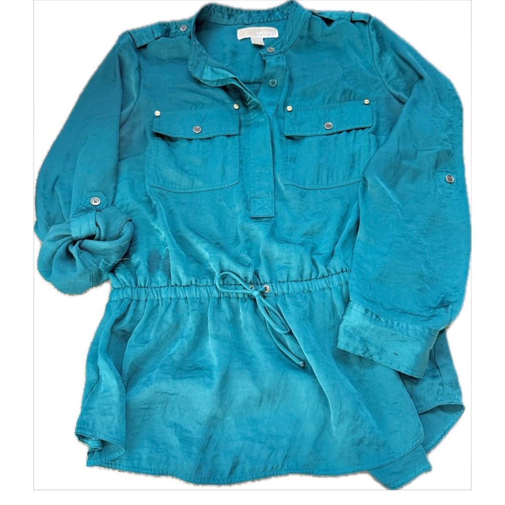 Michael Kors Blue-Green Teal Button Up Utility Shirt Top | Vintage Sheer Blouse - Picture 6 of 13